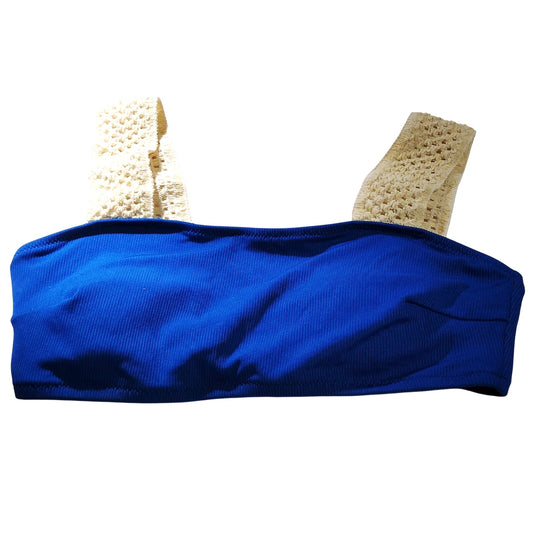 Ribbed Bandeau Bikini Top w/ Crochet Straps, Cobalt Blue, SM (29-30.5 Bust) NWOT