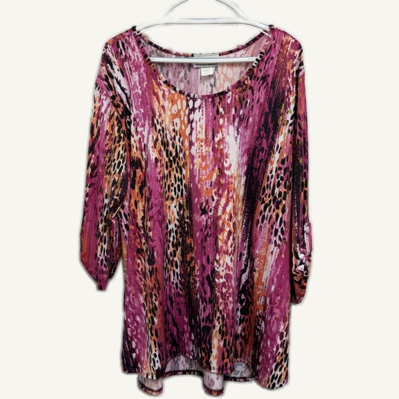 Anthony Richards XL Animal Print Scoop Neck Tunic Top Pink Orange Long Sleeve