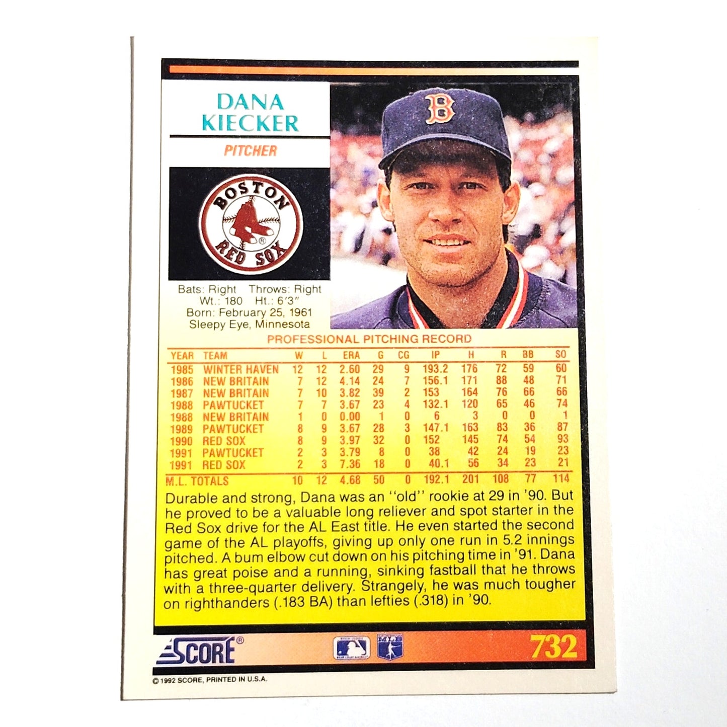 1992 Score Dana Kiecker #732 Boston Red Sox Pitcher MLB Baseball Card NM