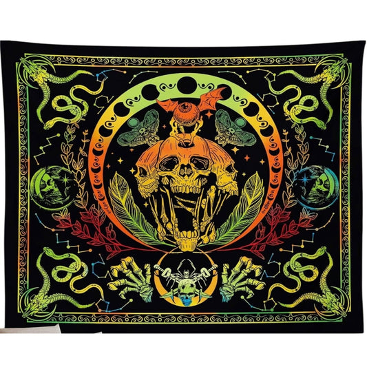 Krelymics Black Light Skull Snake Tapestry UV Reactive Glow Wall Hanging 51"x59"