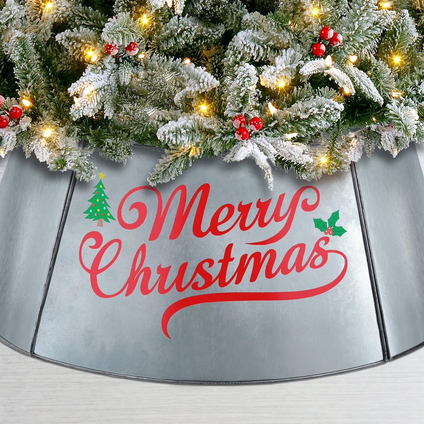 Christmas Tree Collar Basket 5 Iron Sheets Ring 26.5" x 19.5" x 9" Bright Silver