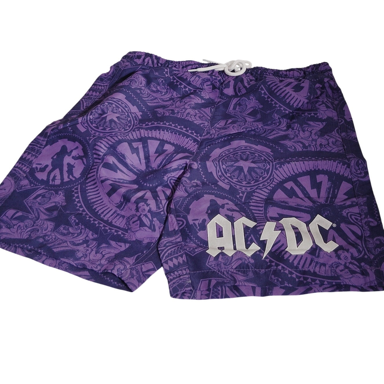 AC/DC Men’s Elastic Waist Printed Swim Shorts – Small – Dark Purple