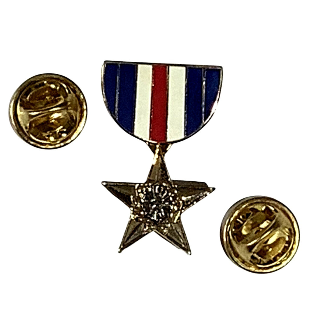 Silver Star Lapel / Hat Pin 1.25"H x .75"W, Gold Tone with Silver Tone Center