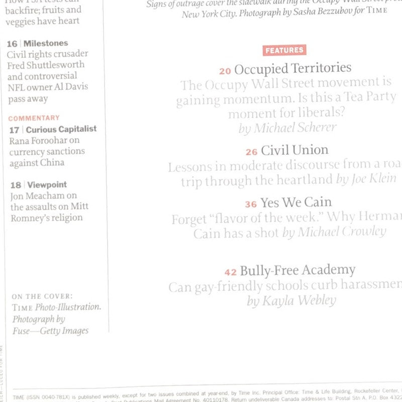 TIME Magazine October 24 2011, Silent Majority, NFL Owner Al Davis Dies