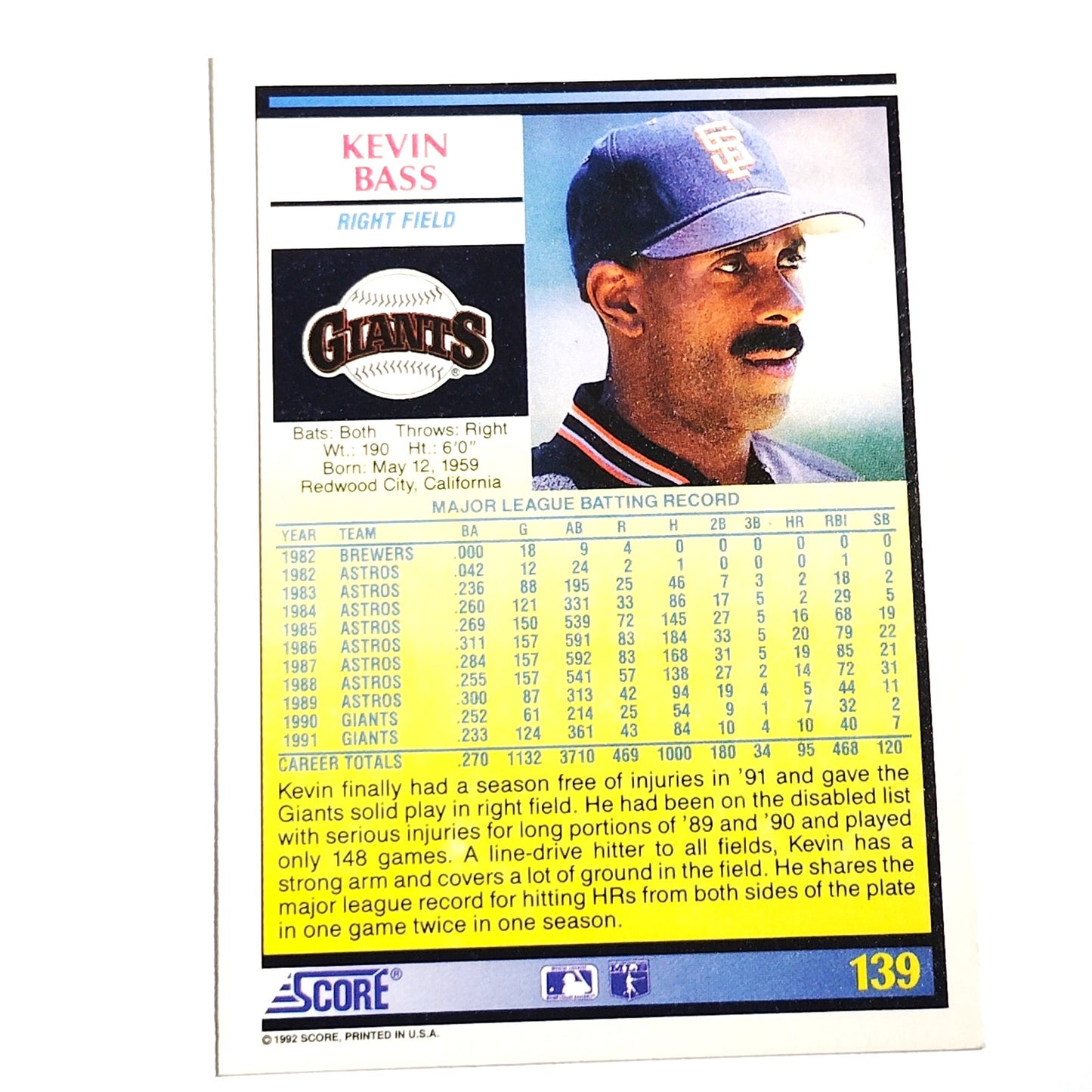 1992 Score Kevin Bass #139 San Francisco Giants Outfielder MLB Baseball NM