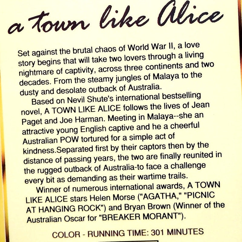 A Town Like Alice VHS 1991 Bryan Brown Helen Morse WWII Drama Classic CBS/Fox