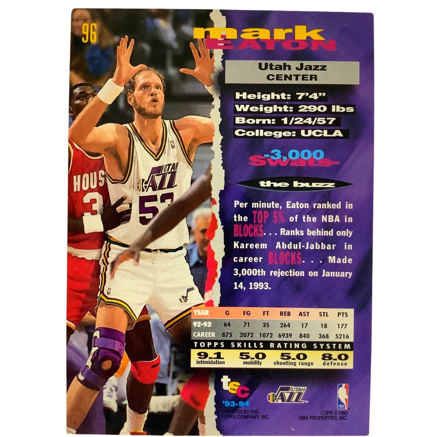 Mark Eaton, Utah Jazz, 1993 Topps Stadium Club Collector's Card 96, EXC