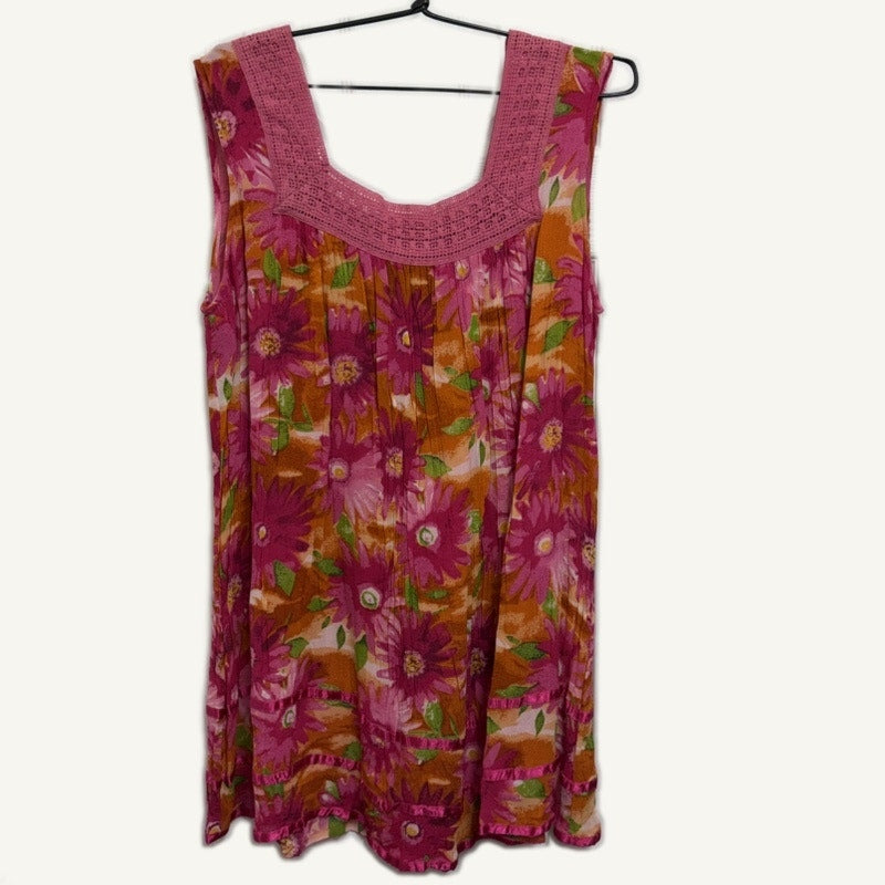 Marisol L Multicolor Floral Rayon Tank Top Crochet Neck Tunic Blouse, Large