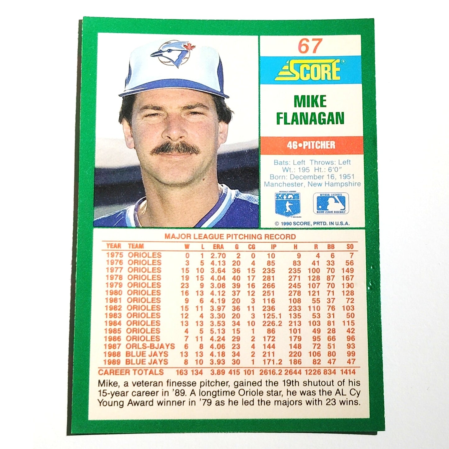 1990 Score Mike Flanagan Card No. 67 Toronto Blue Jays P VG/EX