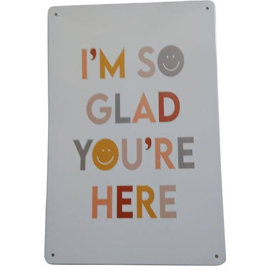 I’m So Glad You’re Here 8x12 Tin Sign – Whimsical Welcome Wall Art – Smiley Face Lettering