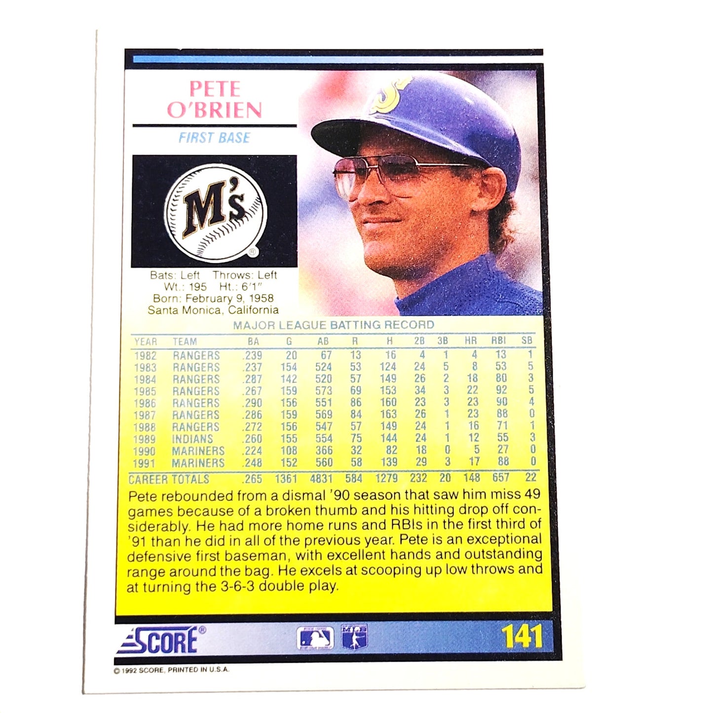 1992 Score Pete O’Brien #141 Seattle Mariners First Baseman MLB Baseball NM