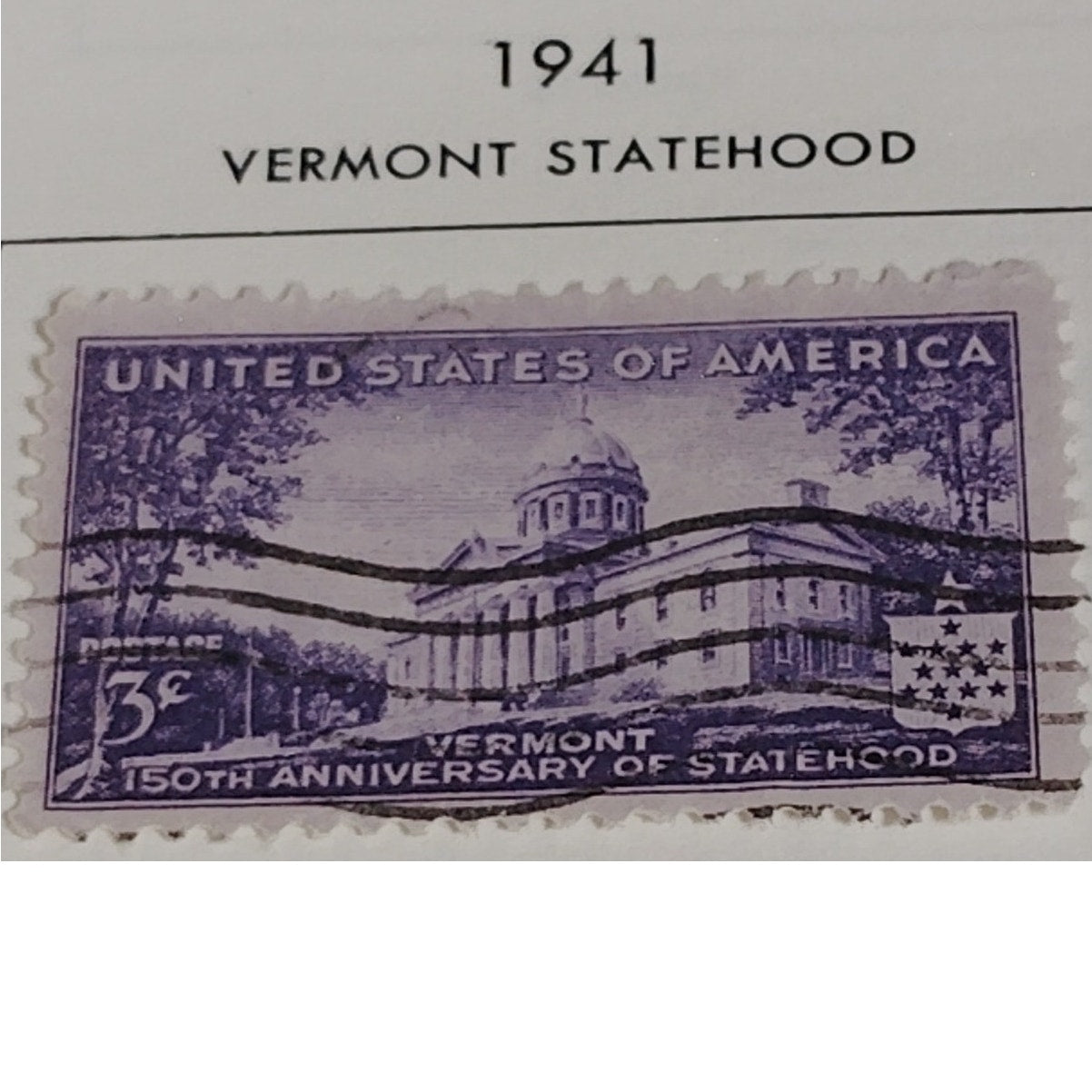 1941 3¢ Vermont Statehood Stamp – Scott 903 – Montpelier Capitol – Canceled