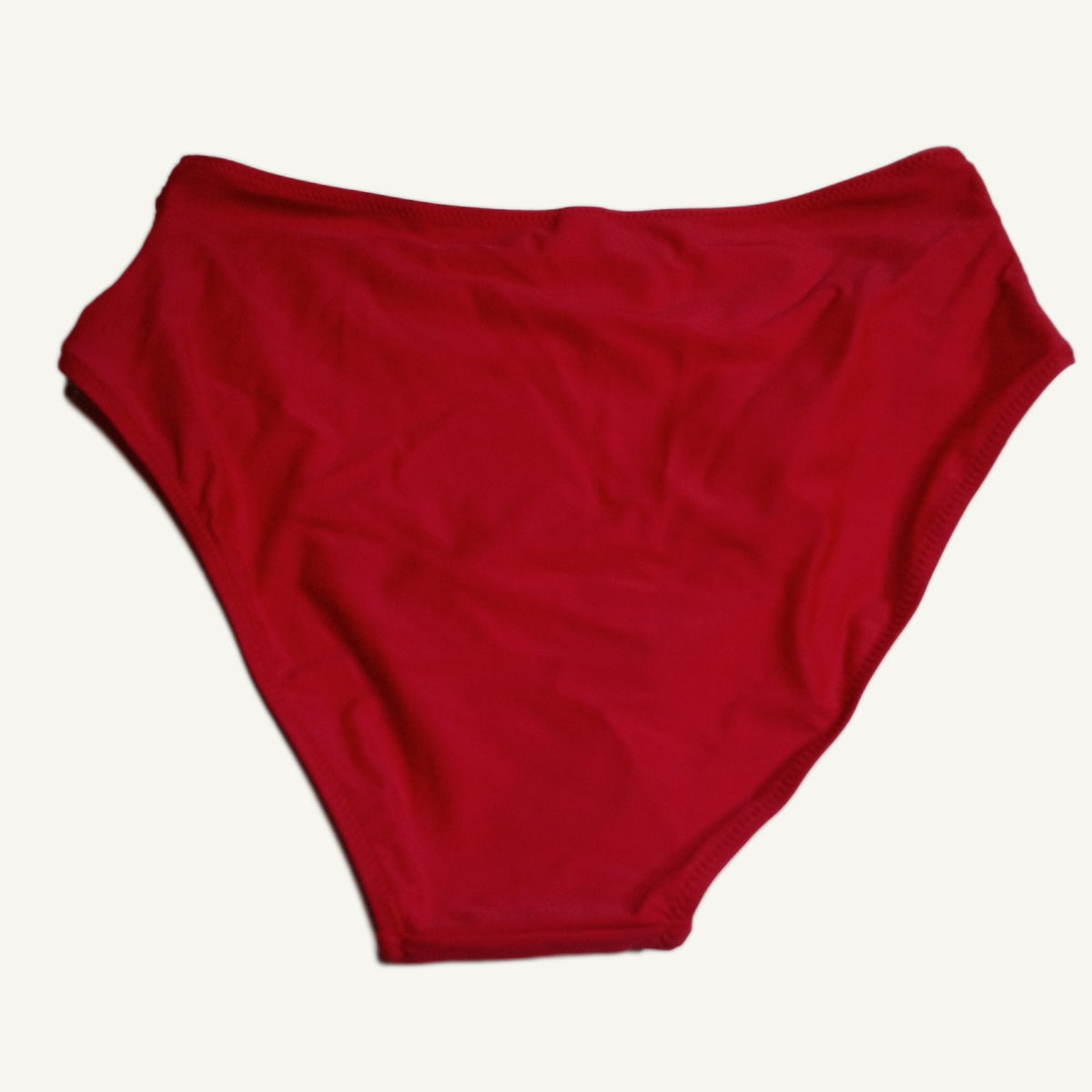 Red High-Waisted Swimsuit Bottoms - Ruched Sides, White Lined, Size L