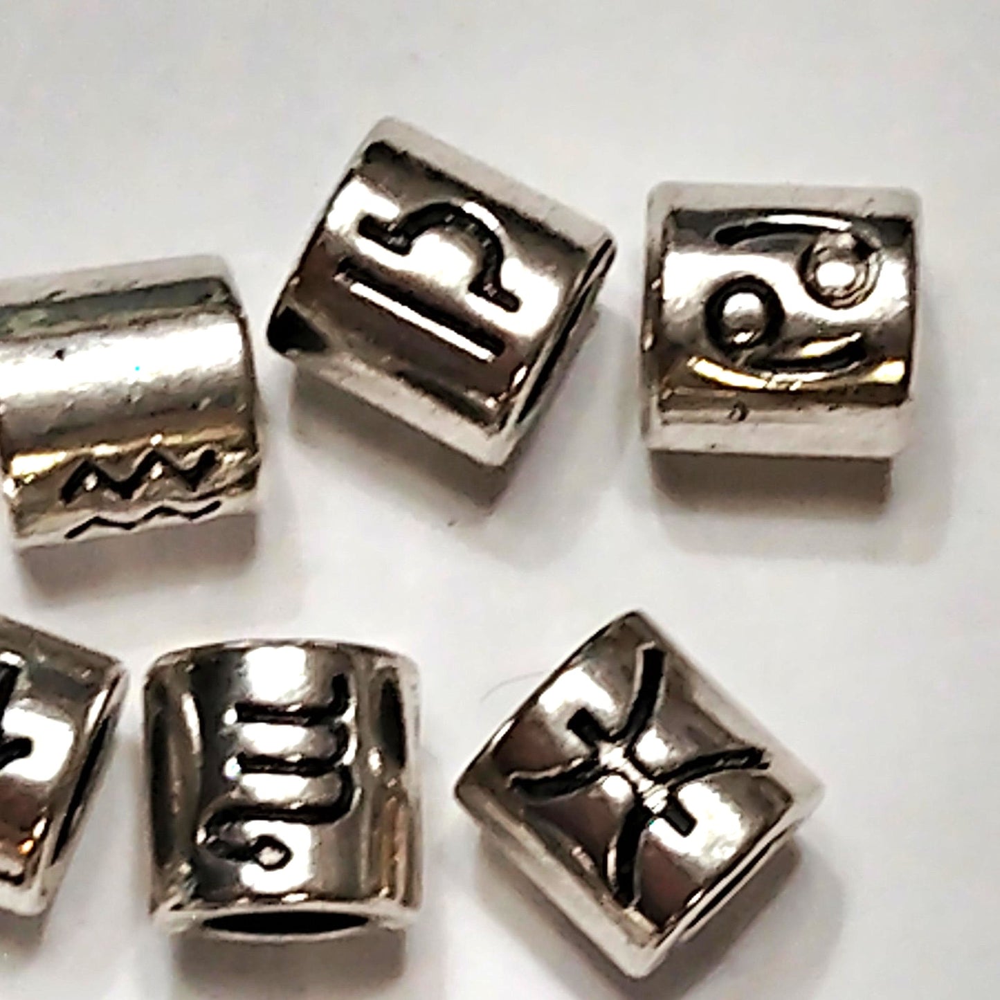 13‑Pack Zodiac Cylinder Beads Patinated Silver‑Tone Large‑Hole 7.5mm DIY Jewelr