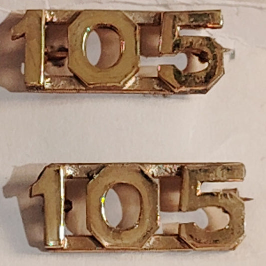 Early/Mid 1900s Brass C-Clasp "105" Collar Devices 3/8"H Hat / Lapel Pins Set
