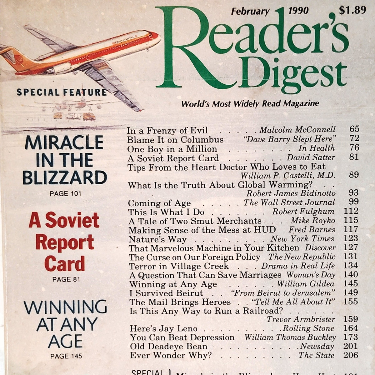Reader's Digest February 1990 Magazine Vintage Airplane Cover Jay Leno
