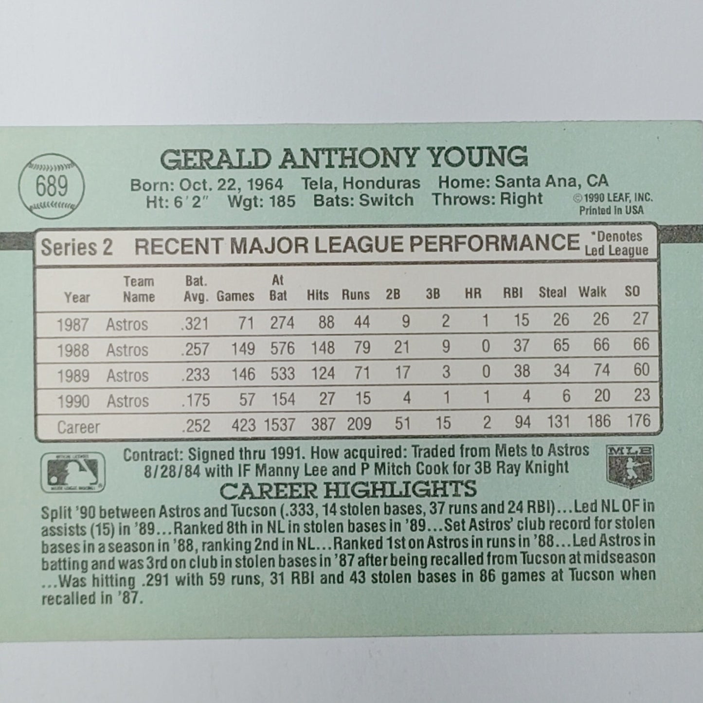 1991 Donruss #689 Gerald Young Houston Astros Outfielder - VG/EX