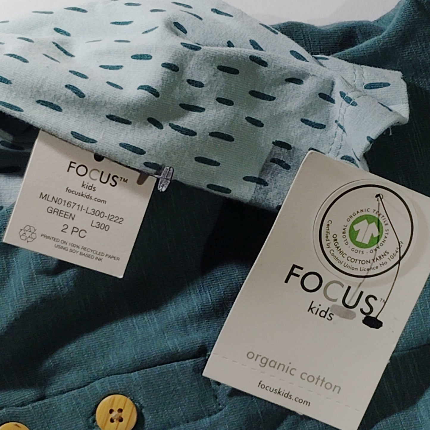 Focus Kids Organic Cotton Patterned Salopet and Bodysuit Set Green 18M