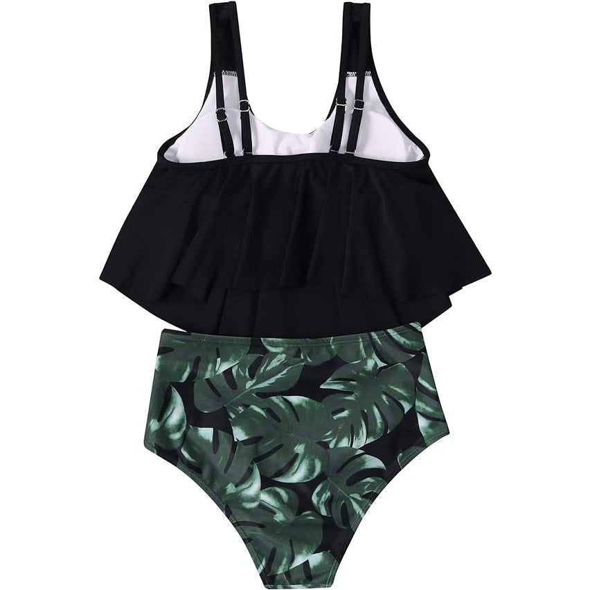 OMKAGI Ruffle Bikini, High Waisted Bottom Plus Tankini, Black Leaf, XL (8-10)