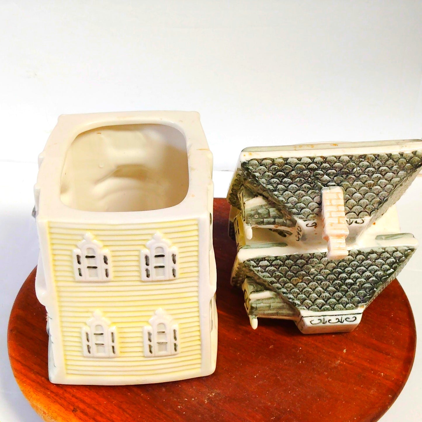 Vintage Victorian House Cookie Jar Yellow Gray Ceramic Mansion Design