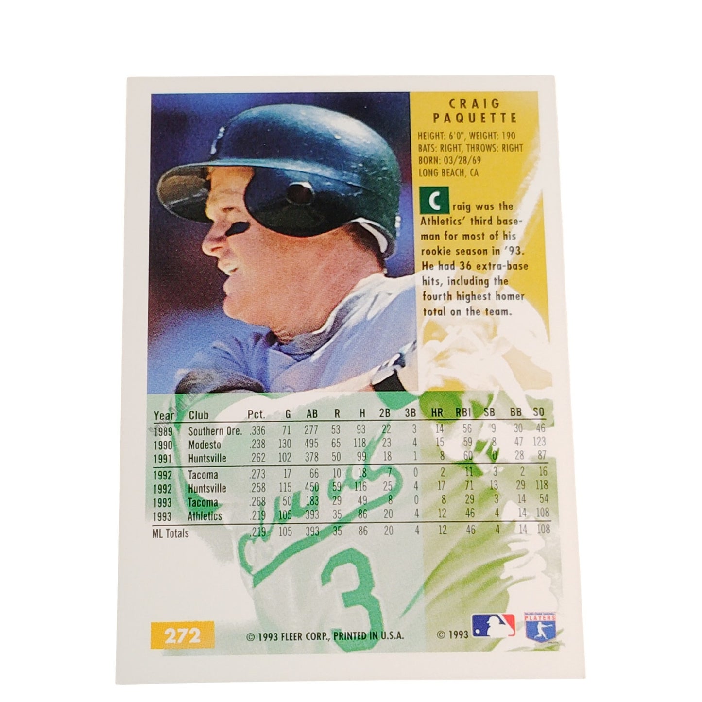 Craig Paquette Oakland Athletics (A's) #272 1994 Fleer Baseball Collector's Card