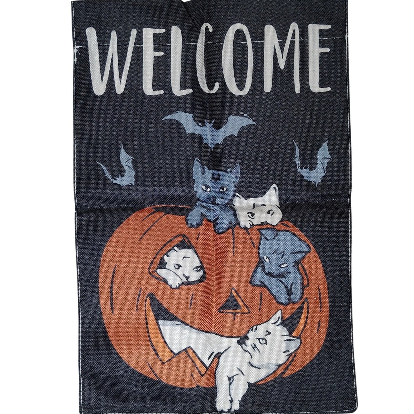 Halloween Garden Flag – Welcome Pumpkin with Kittens & Bats 12x18 Outdoor Décor