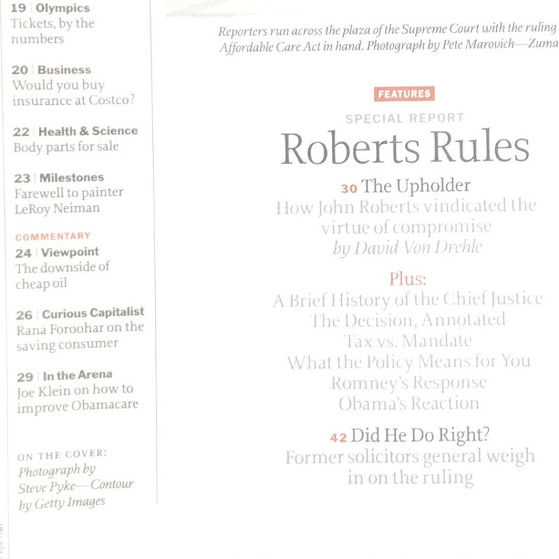 Time Mag July 16 2012 Roberts Rules Health Care Decision, Breaking Bad Series