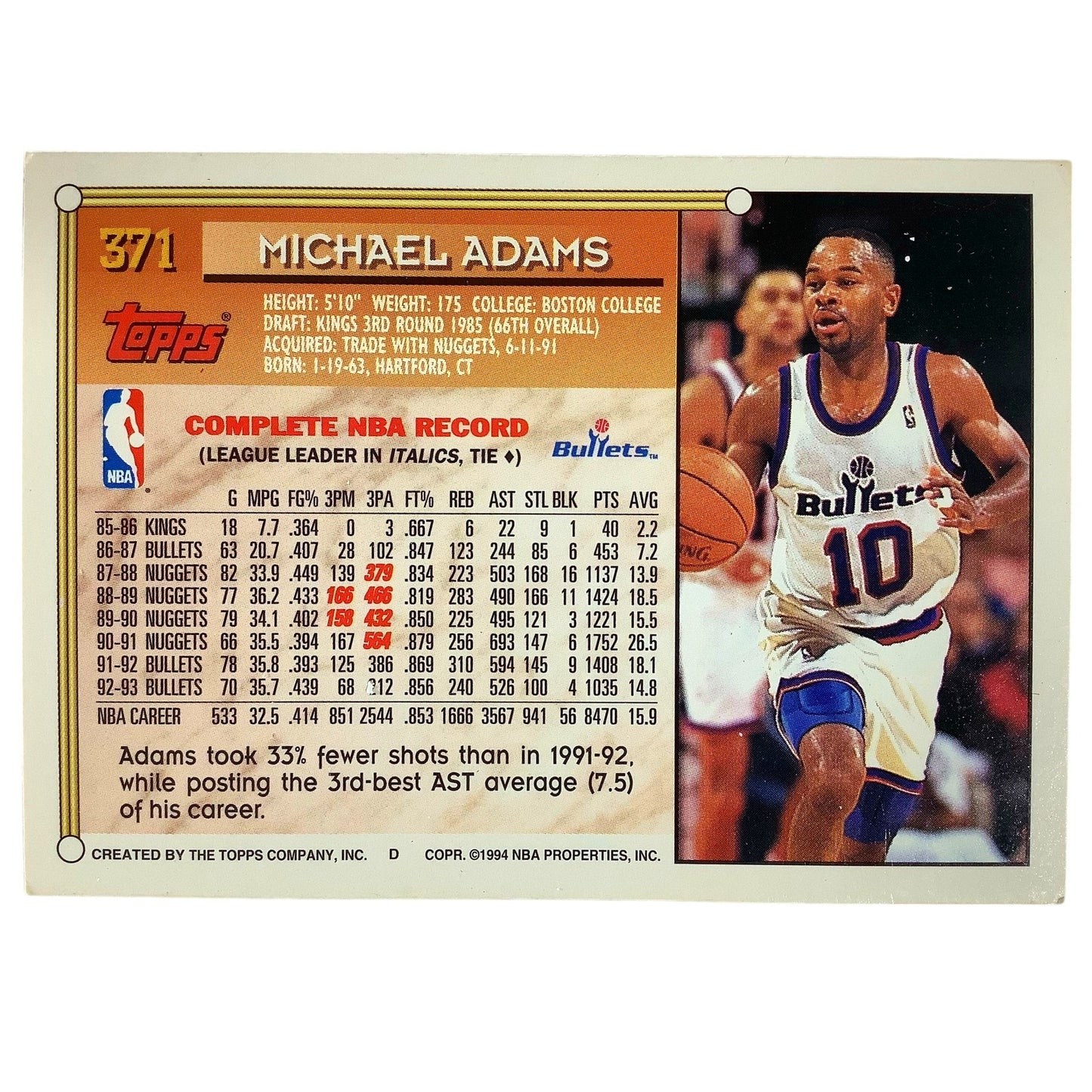 Michael Adams, Washington Bullets, 1993 Topps Collector's Card 371, EXC