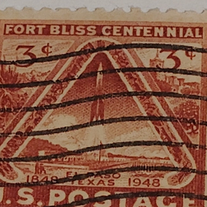 1948 3¢ Fort Bliss Centennial Stamp – Scott 976 – Rocket & Mission – El Paso TX