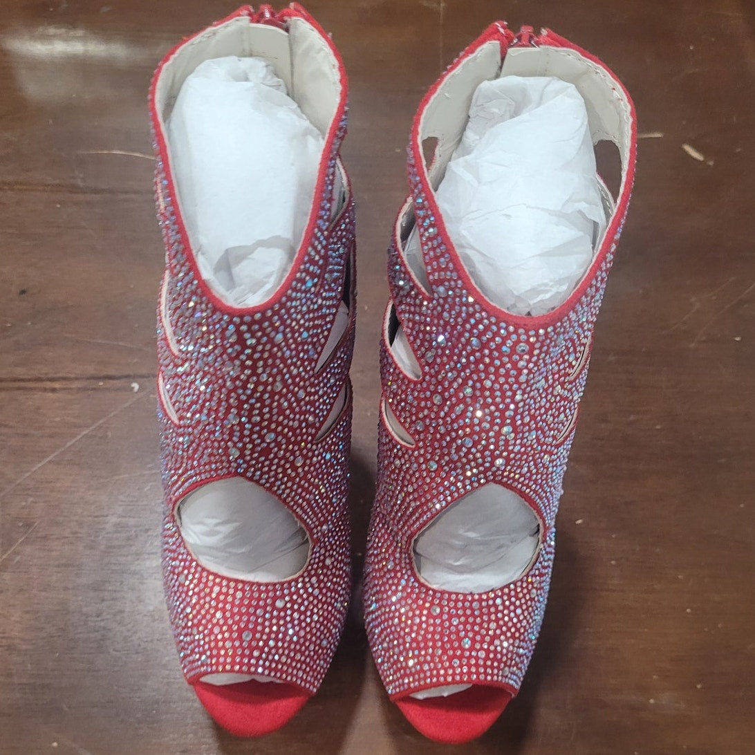 Ellie Shoes Red Ankle Boots w/ Rhinestones, 709-WENDY Size 7, Platform Stiletto