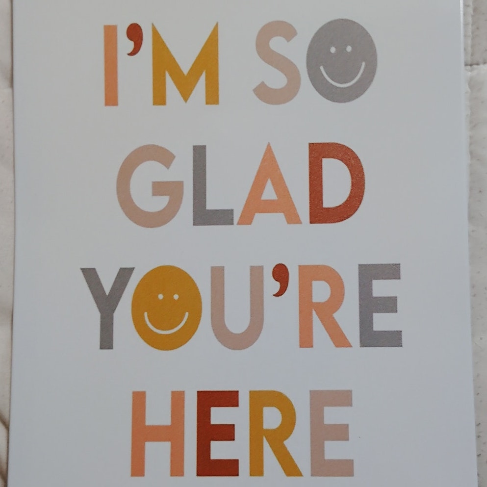 I’m So Glad You’re Here 8x12 Tin Sign – Whimsical Welcome Wall Art – Smiley Face Lettering