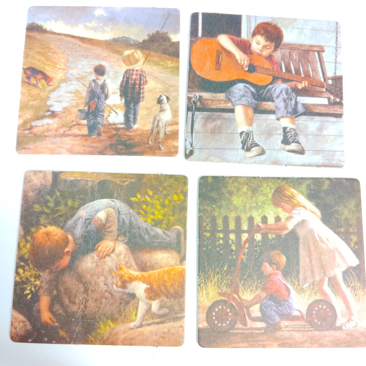 Set of 4 VTG Rustic Americana Kids Coasters Reversible Country Painting Scenes