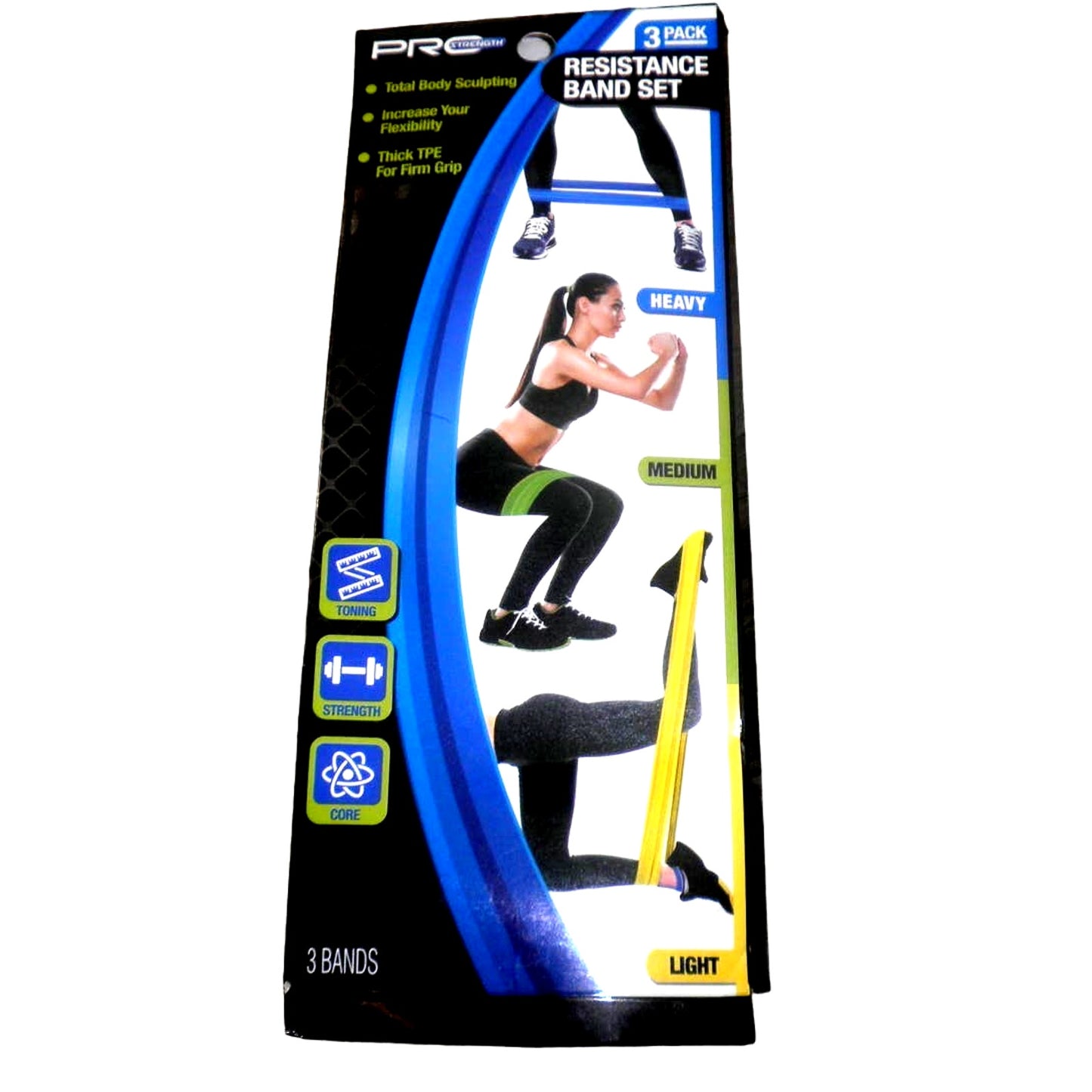 Pro Strength 3 Pack Resistance Band Set Heavy Medium & Light Body Sculpting