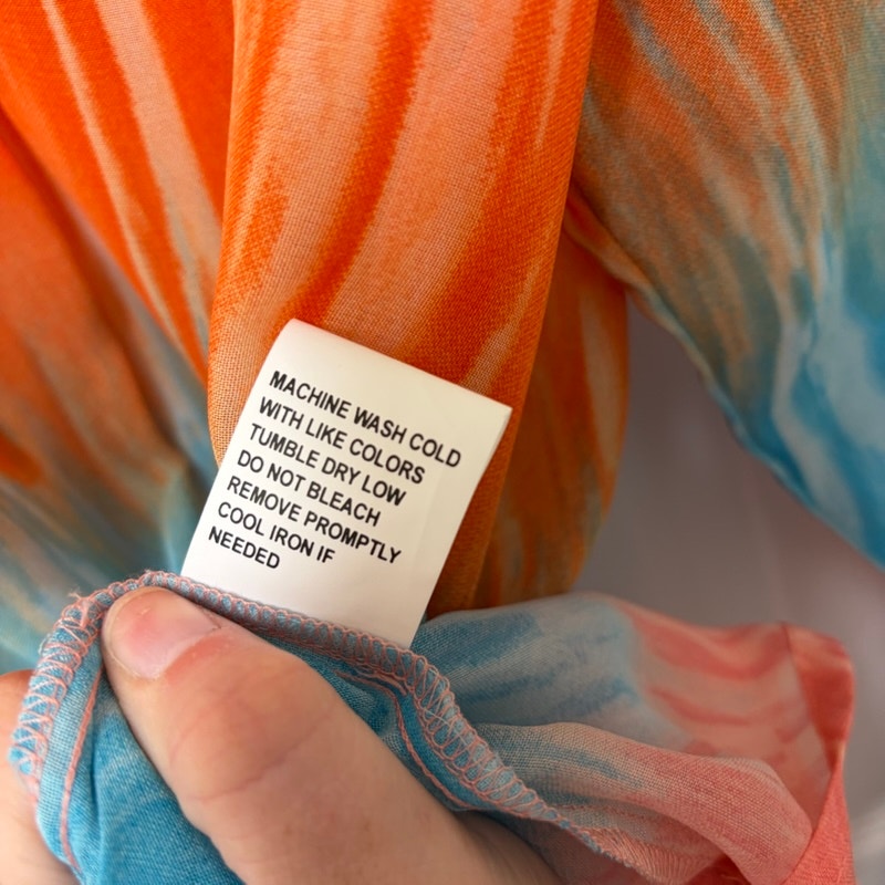Katie's Kloset Tie Dye Blouse L Orange Teal Pink Sheer Crinkled V-Neck Top