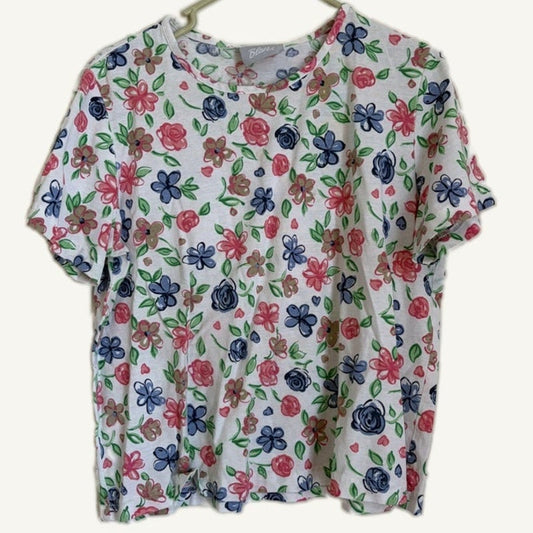 Blair White Multicolor Rose Floral Short Sleeve Top Blouse Women's Size L