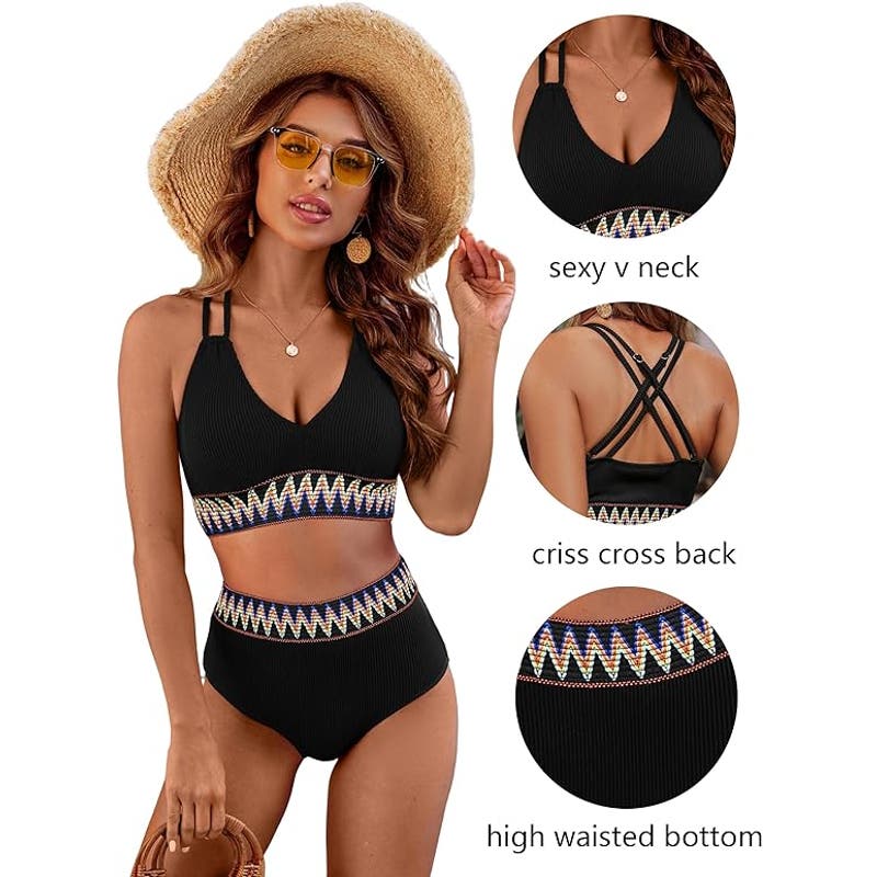 High Waisted Bathing Suits Ribbed Two Piece Bikini Set, V-Neck Push Up, SM, Black