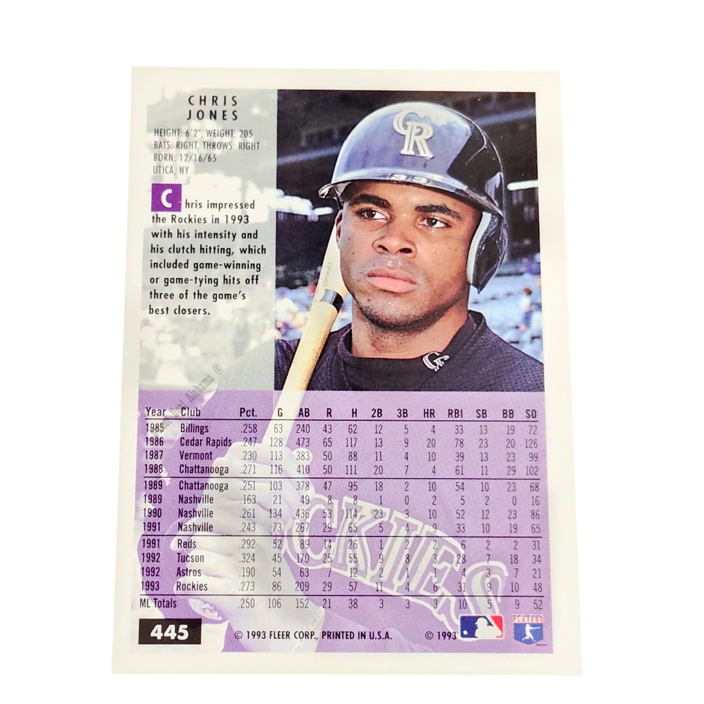 Chris Jones, Colorado Rockies, #445, 1994 Fleer Baseball Collector's Card
