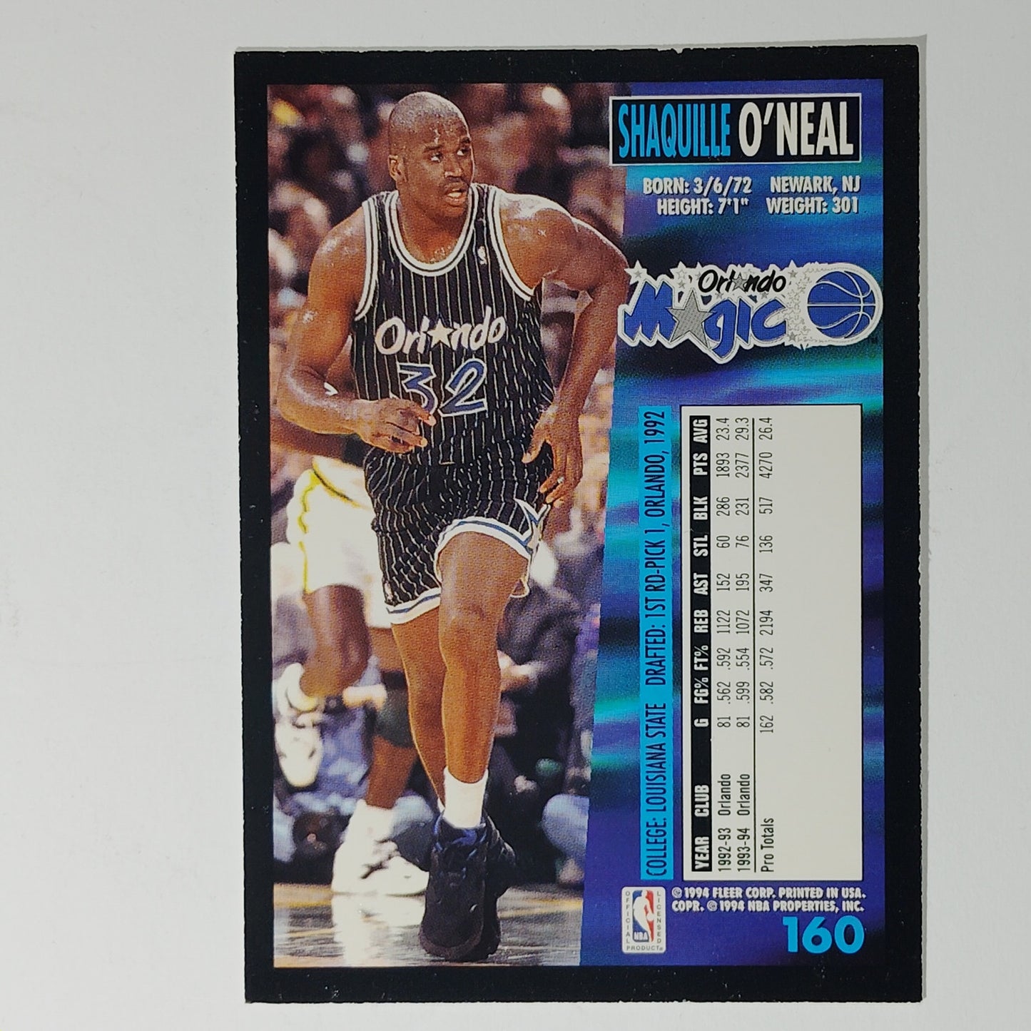 1994-95 Fleer Shaquille O'Neal #160 Orlando Magic Center NBA Card