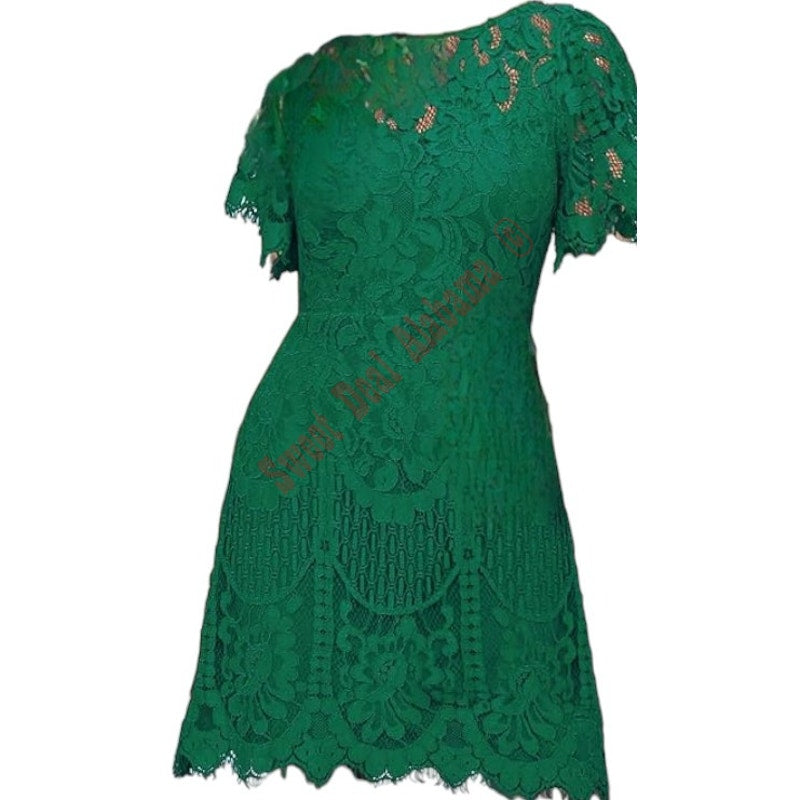 Elegant Round Neck V-Back Floral Lace Cocktail Party A Line Dress, Green, Size M