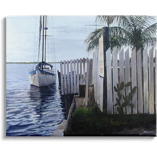 20x16 Sailboat & Shoreline Stretched Canvas, Wood Frame Wall Art Design/L. Wolk