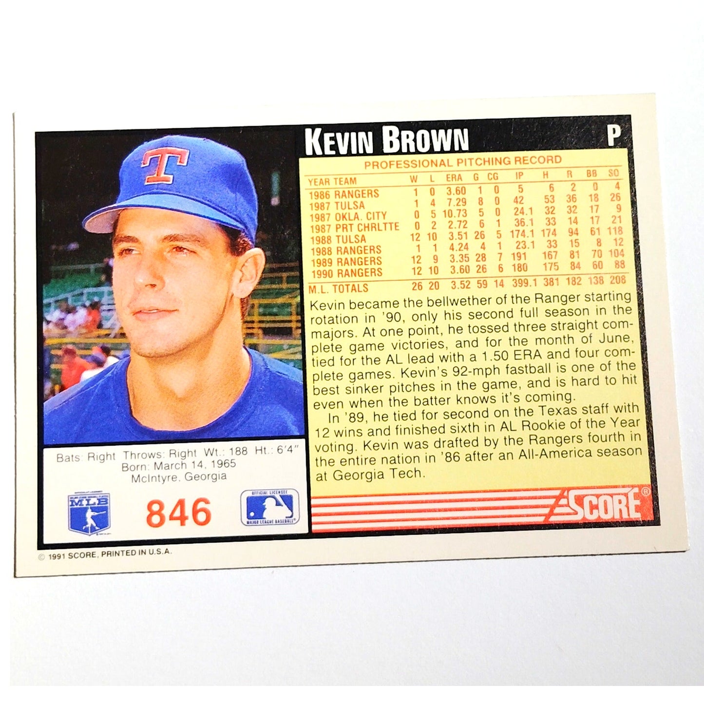 1991 Score Kevin Brown #846 Texas Rangers Pitcher MLB Baseball Card NM