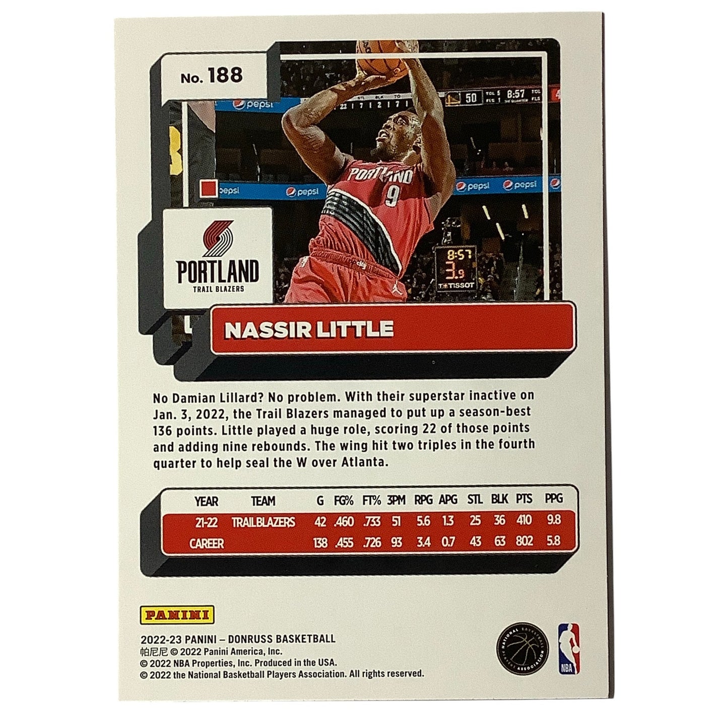 Nassir Little - Portland Trail Blazers, Card #188, 2022-23 NBA Panini-Donruss