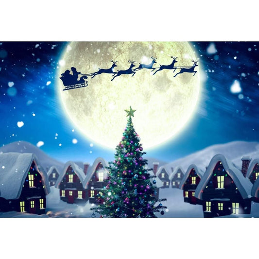 Polyester 7x5ft Christmas Eve Backdrop – Santa Sleigh, Snowy Forest, Moonlit Night