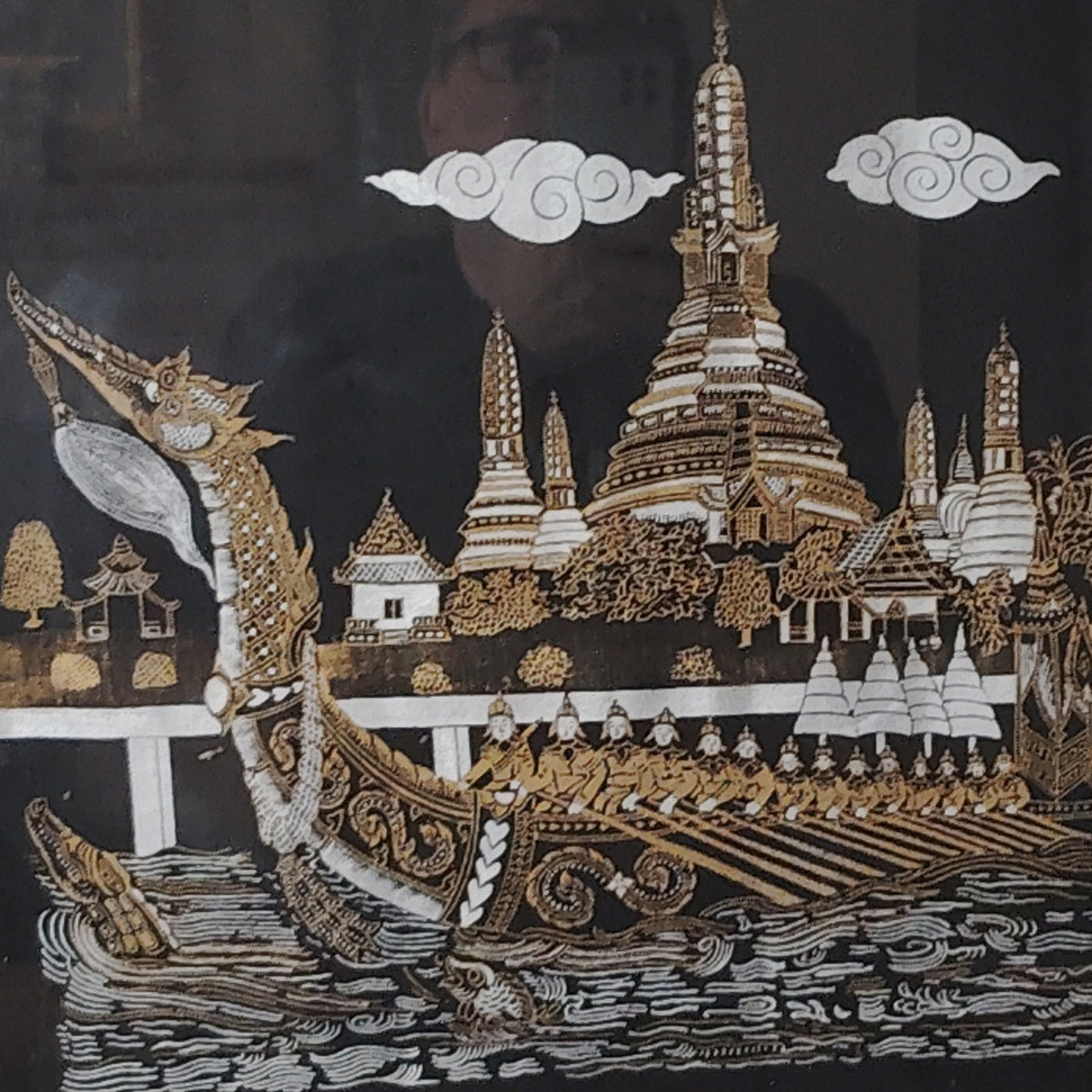 Vintage 1968 Mid‐Century Thai Silk Screen Artwork – Wat Arun Royal Barge