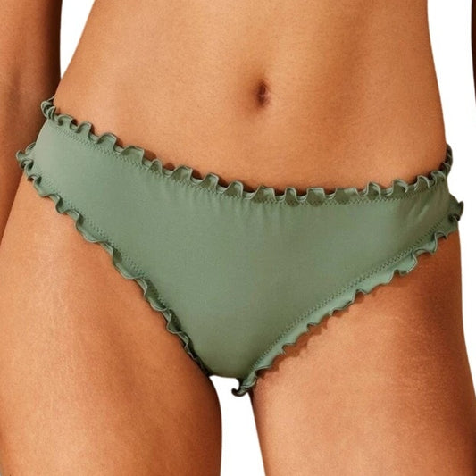 Shade & Shore Ruffle Cheeky Bikini Bottom Green XS (0-2), Low Rise Pull‑On