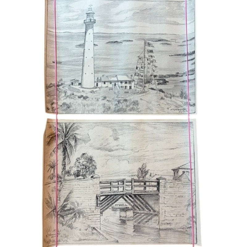VTG F Kenwood Giles Original Pencil Sketches (2) - Flat Holm Lighthouse, Bermuda