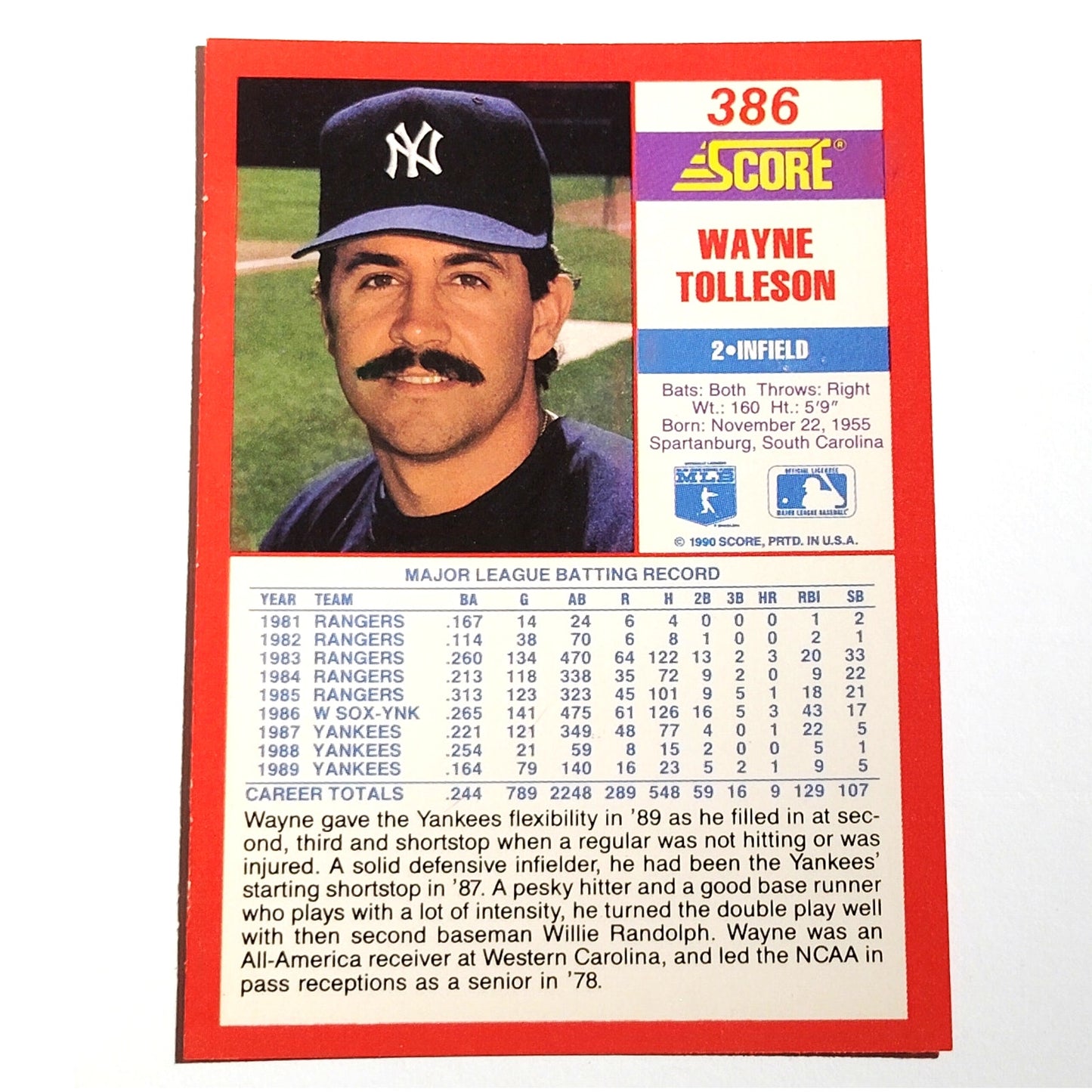 1990 Score Wayne Tolleson #386 New York Yankees Infielder MLB Baseball EX
