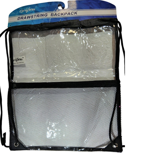 SurfGear Clear Drawstring Backpack Stadium Approved Transparent PVC Bag w/ Mesh Pouch Black