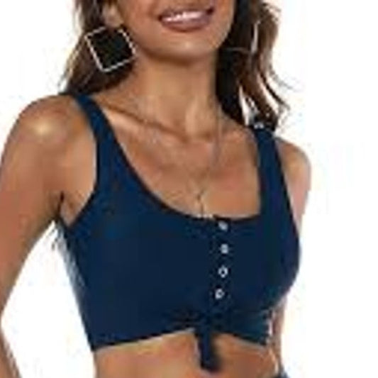 Zaful Navy Button Front Tie Bikini Top Women’s Small (US 4) Tank Style Swim