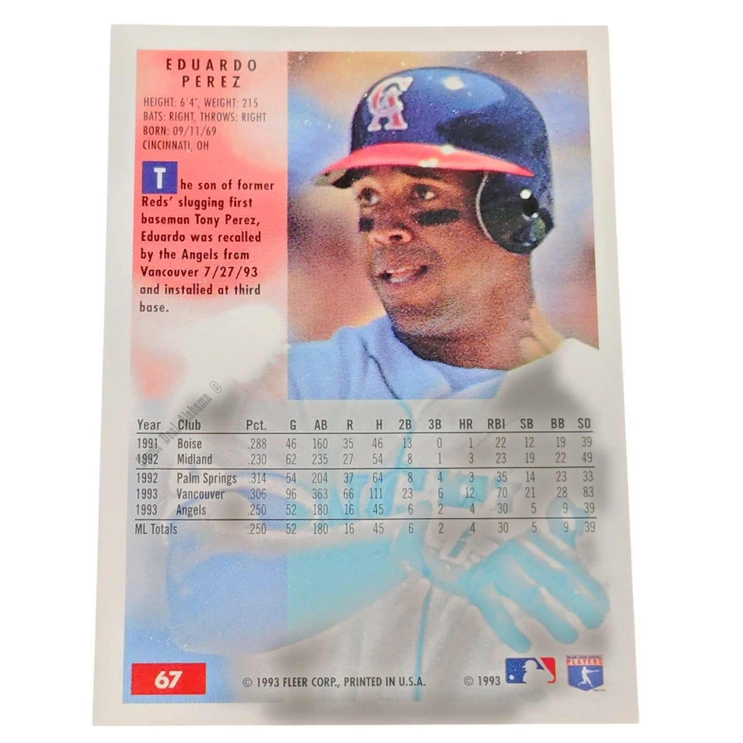 Eduardo Perez, California Angels, #67,  1994 Fleer Baseball Collector's Card